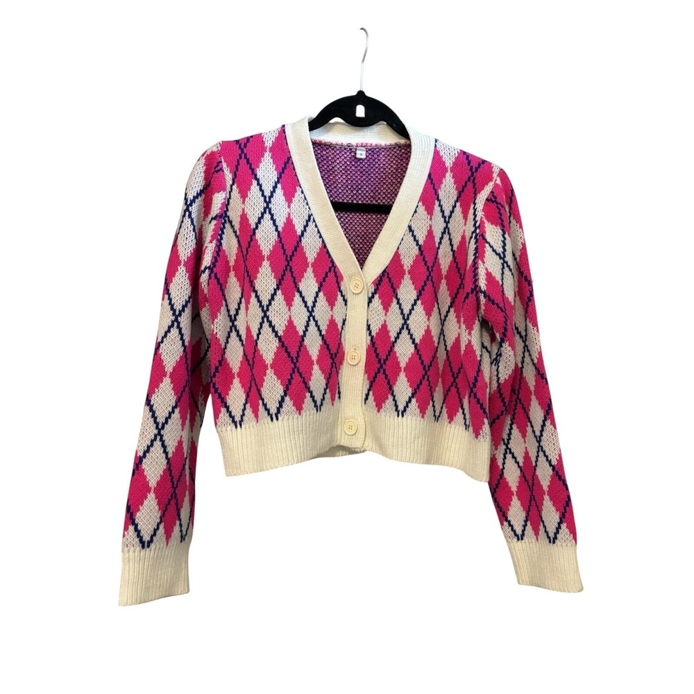 Pink Argyle Diamond Sweater Barbie Core valentines Feminine Romantic Y2K Sz Sm